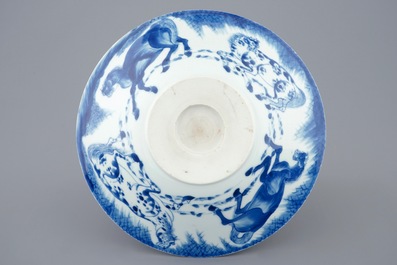 A Chinese blue and white conical bowl: "Horses of Mu Wang", Kangxi